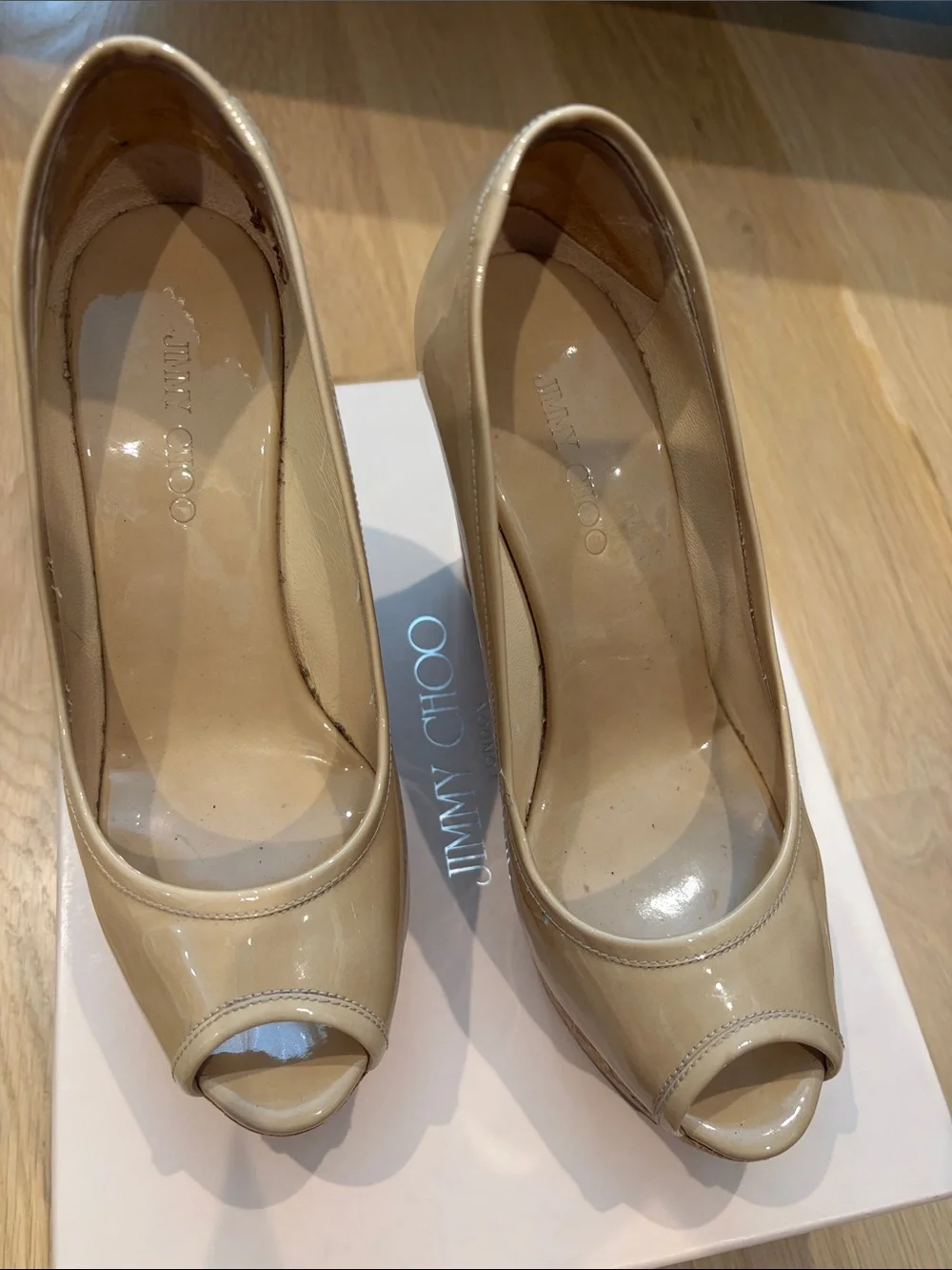 Jimmy Choo Nude Patent Peep-Toe Cork Platform Pumps